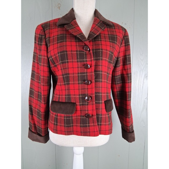 liz sport Jackets & Blazers - Vintage Liz Sport Plaid Blazer Wool‎ Red Tartan Womens 6 Petite Tailored Short